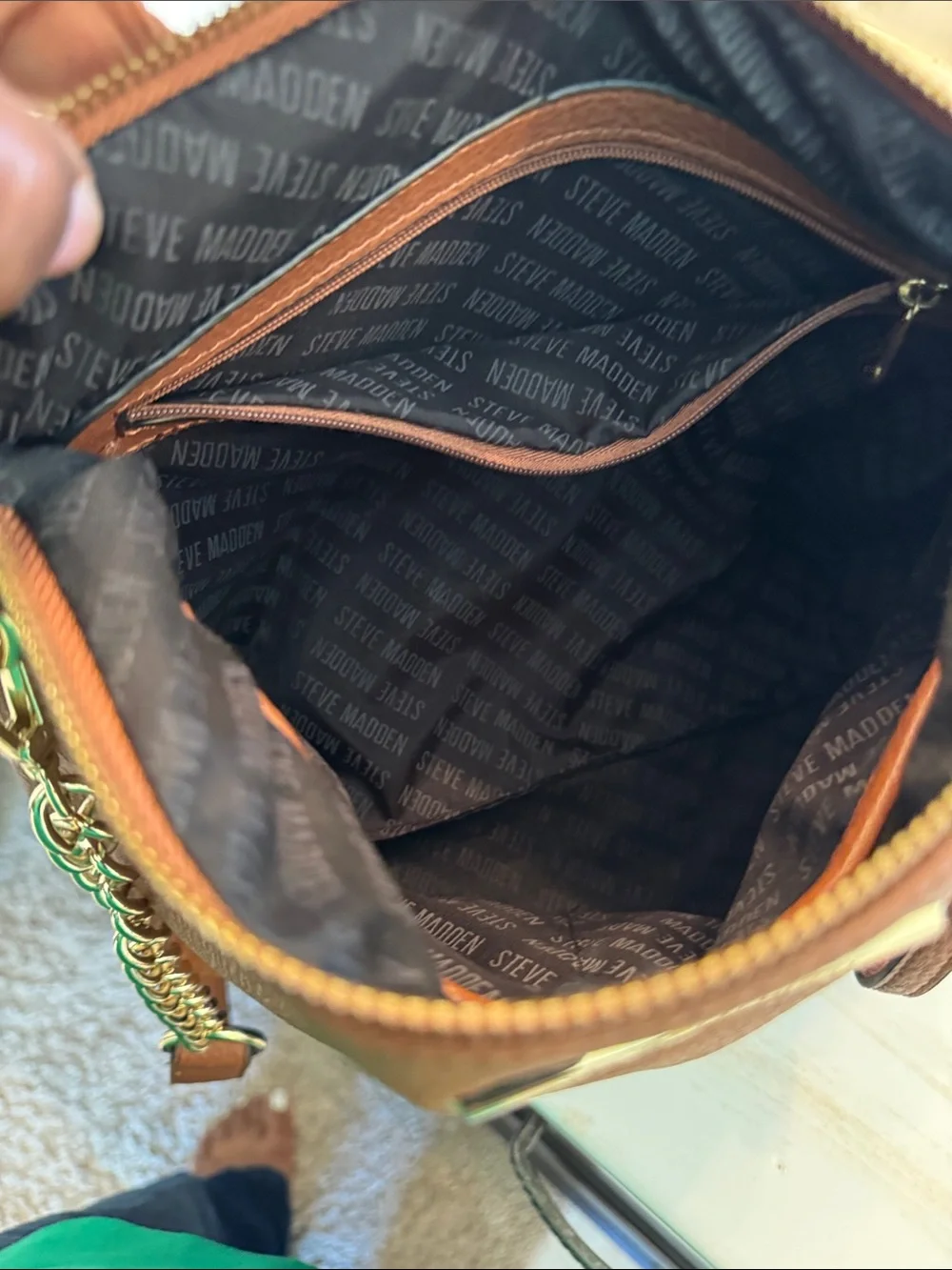 Steve Madden Brown Leather Crossbody Bag with Gold Chain